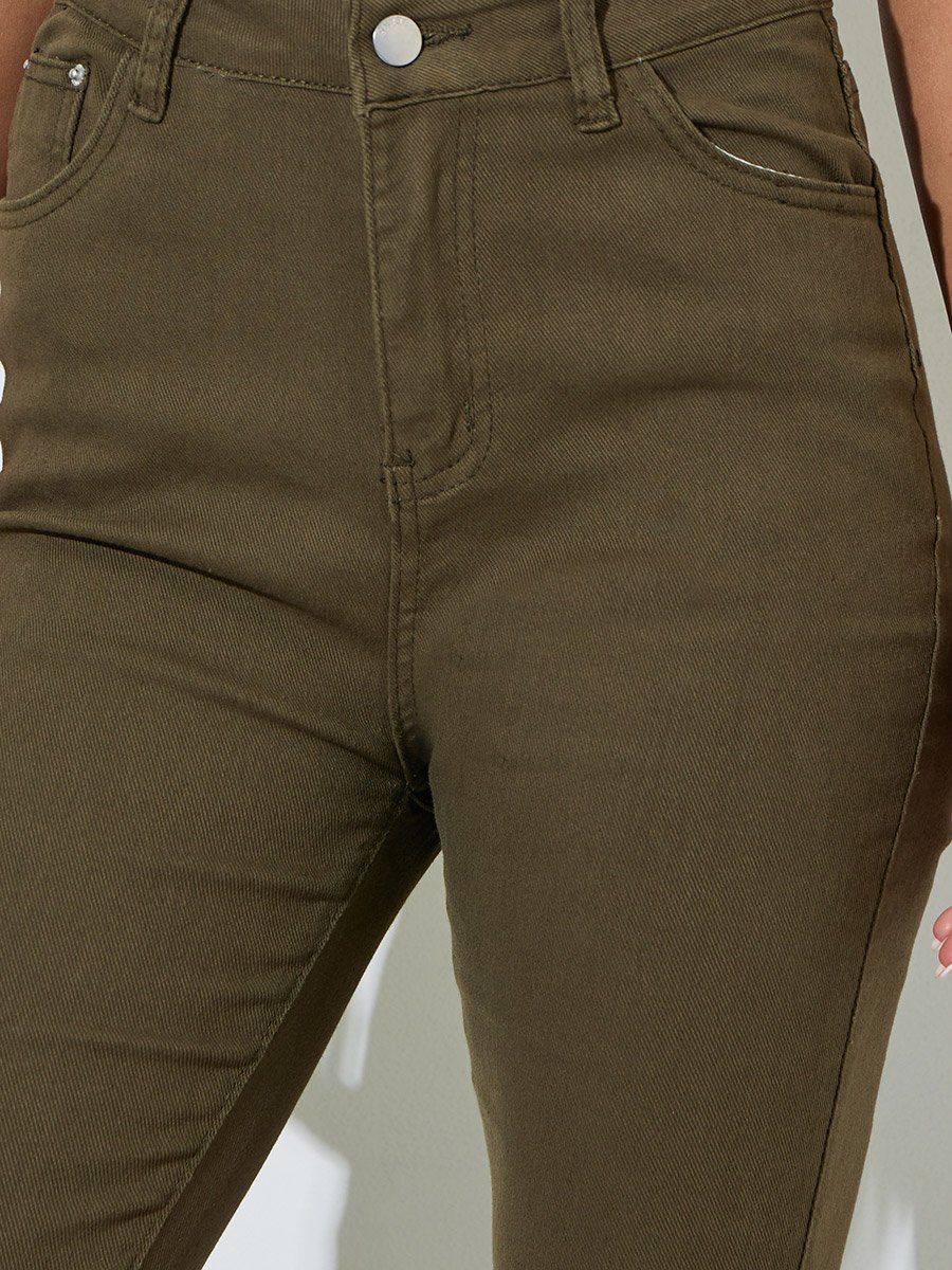 Khaki Solid Mid-Rise Flare Jeans