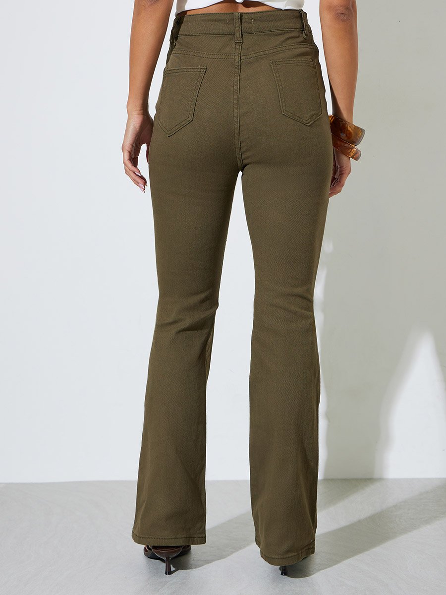 Khaki Solid Mid-Rise Flare Jeans