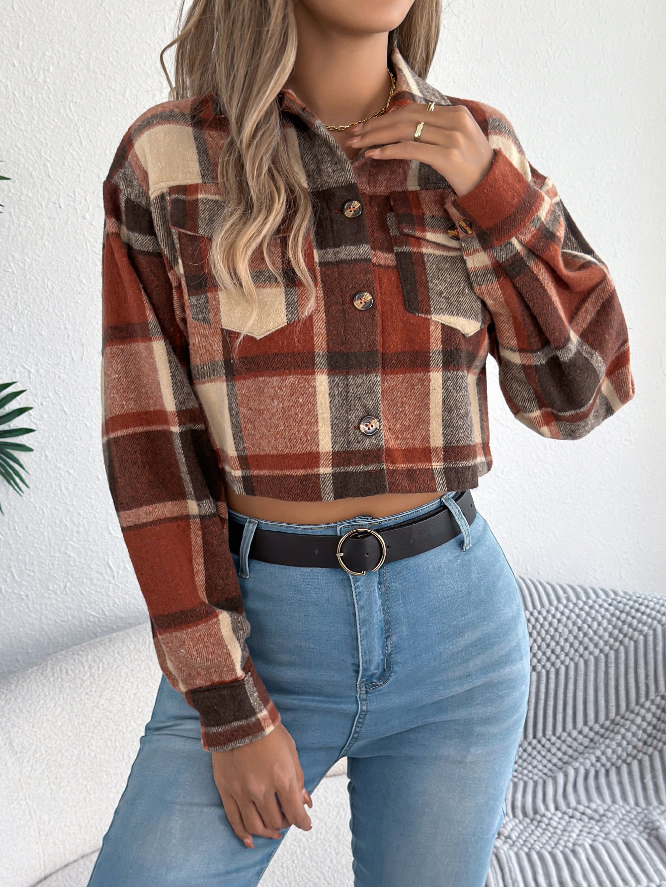 Cropped Orange Plaid Tweed Jacket