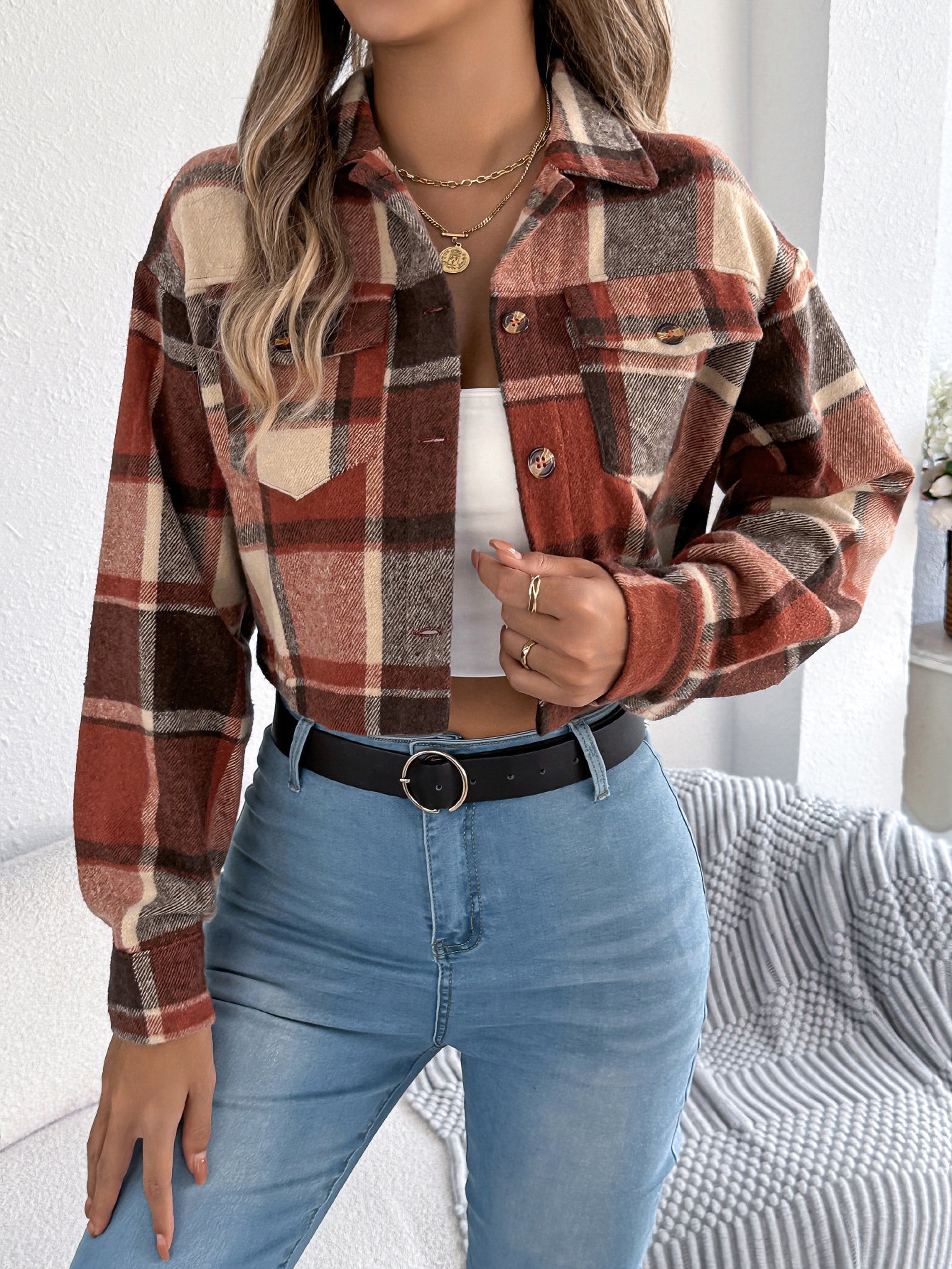 Cropped Orange Plaid Tweed Jacket
