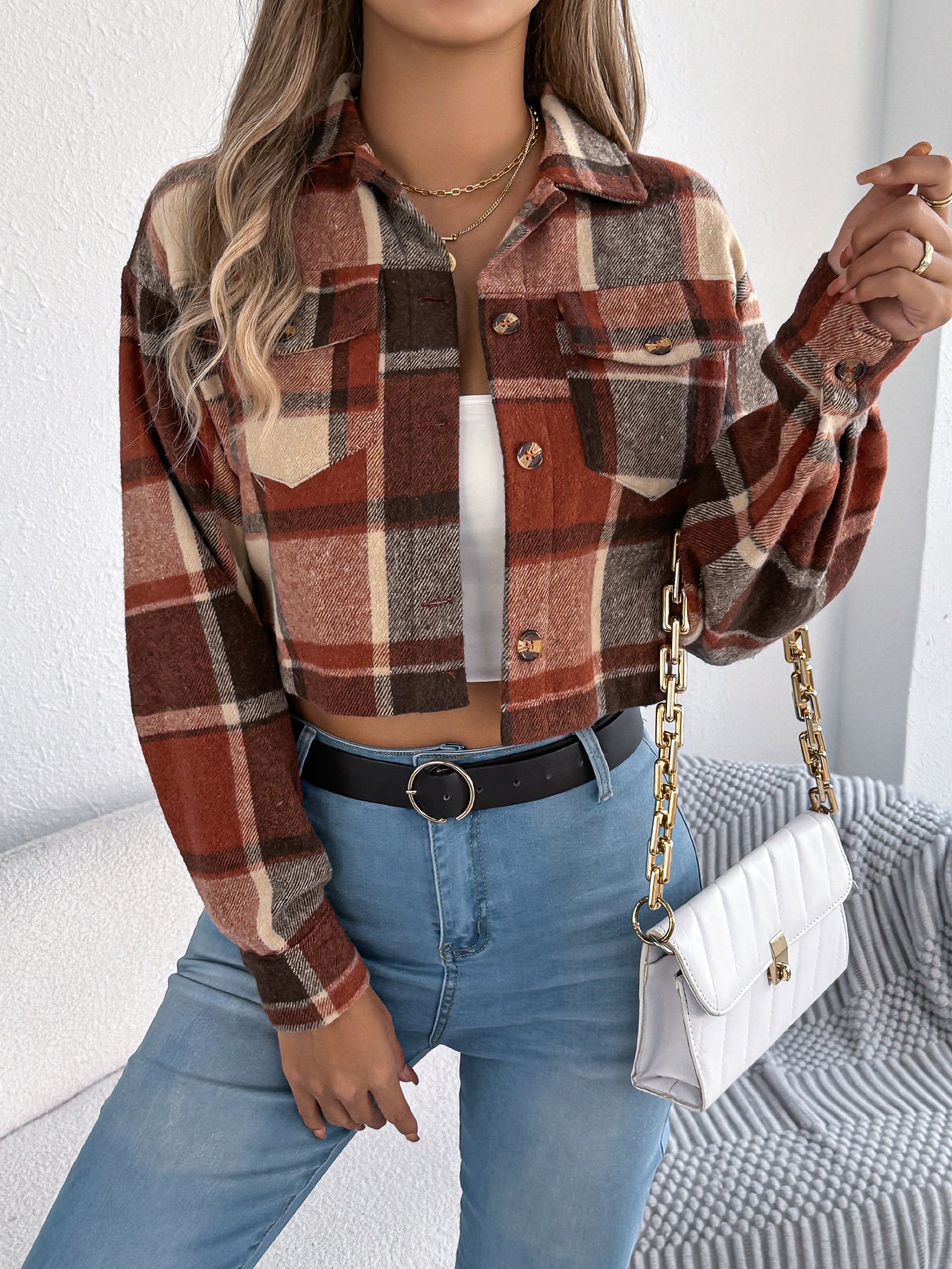 Cropped Orange Plaid Tweed Jacket