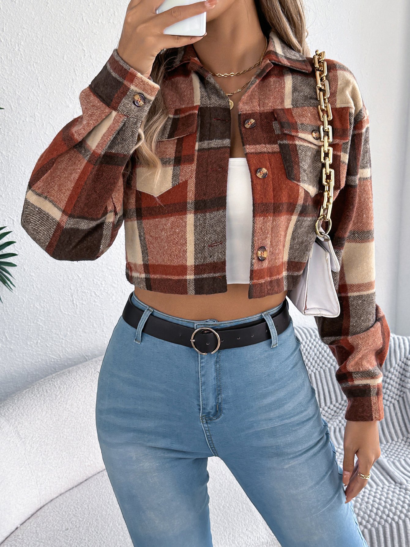 Cropped Orange Plaid Tweed Jacket