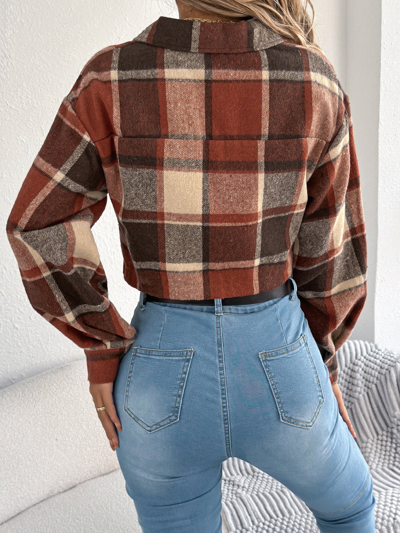 Cropped Orange Plaid Tweed Jacket
