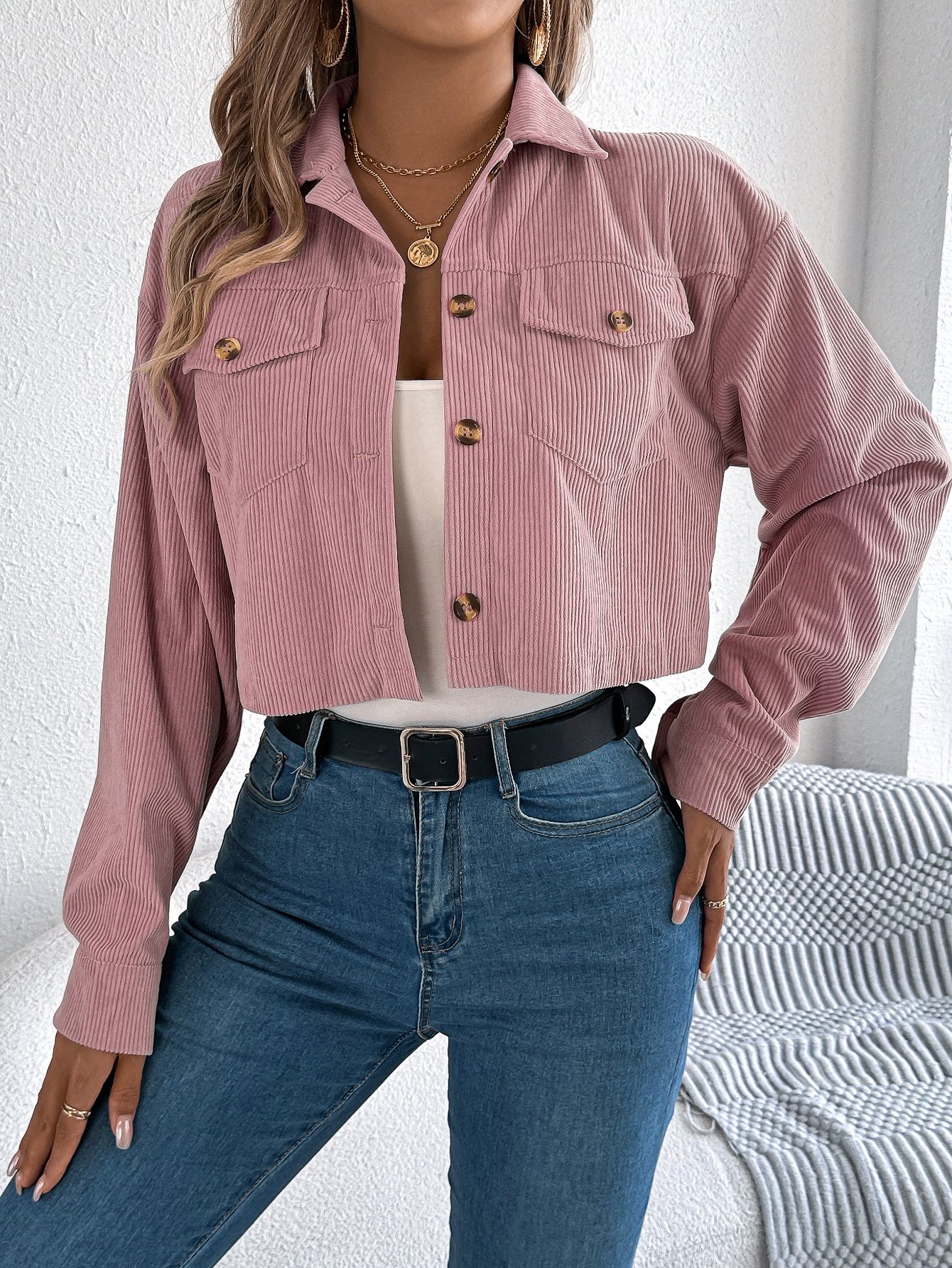 Pink Corduroy Cropped Jacket