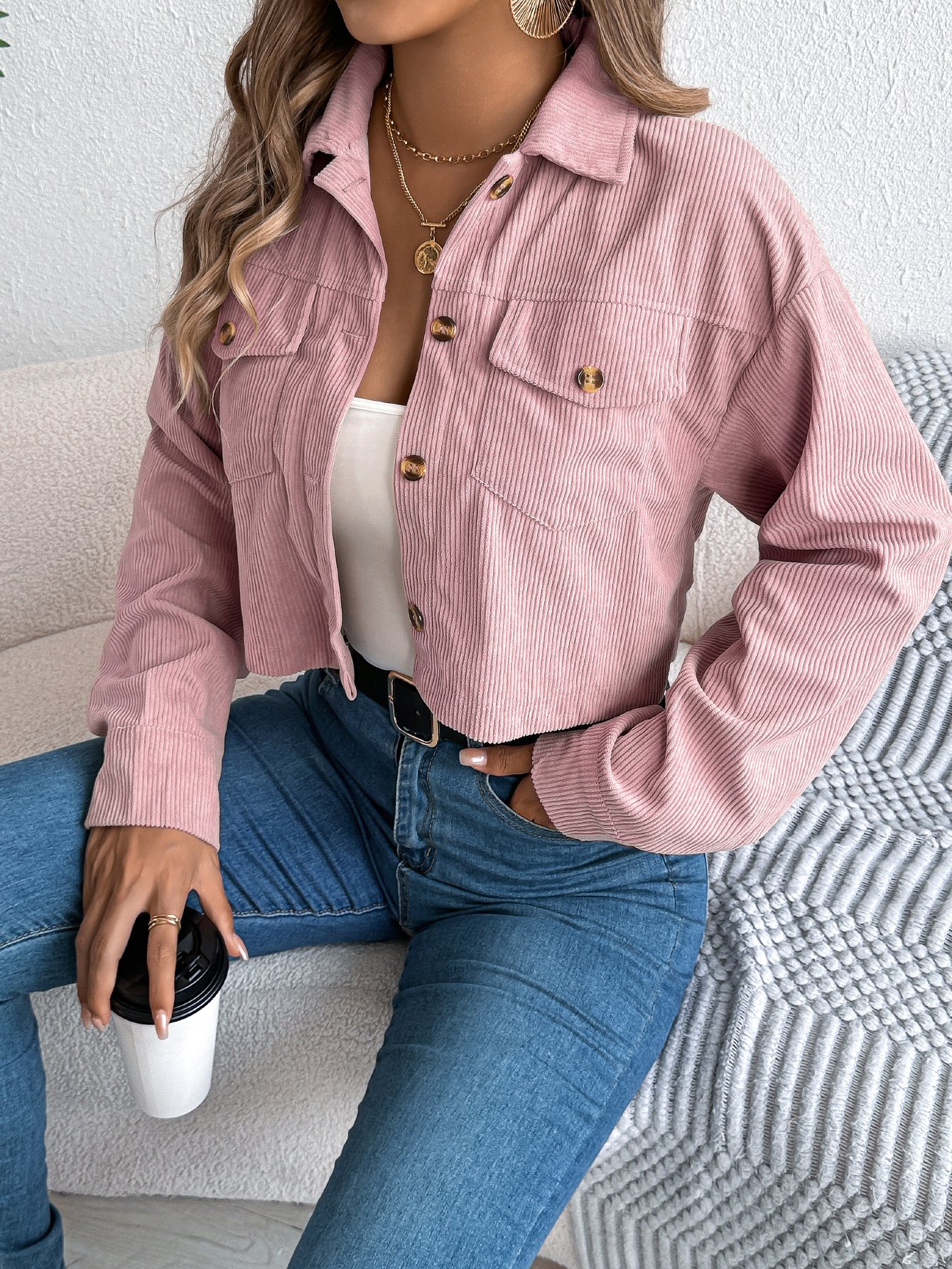 Pink Corduroy Cropped Jacket