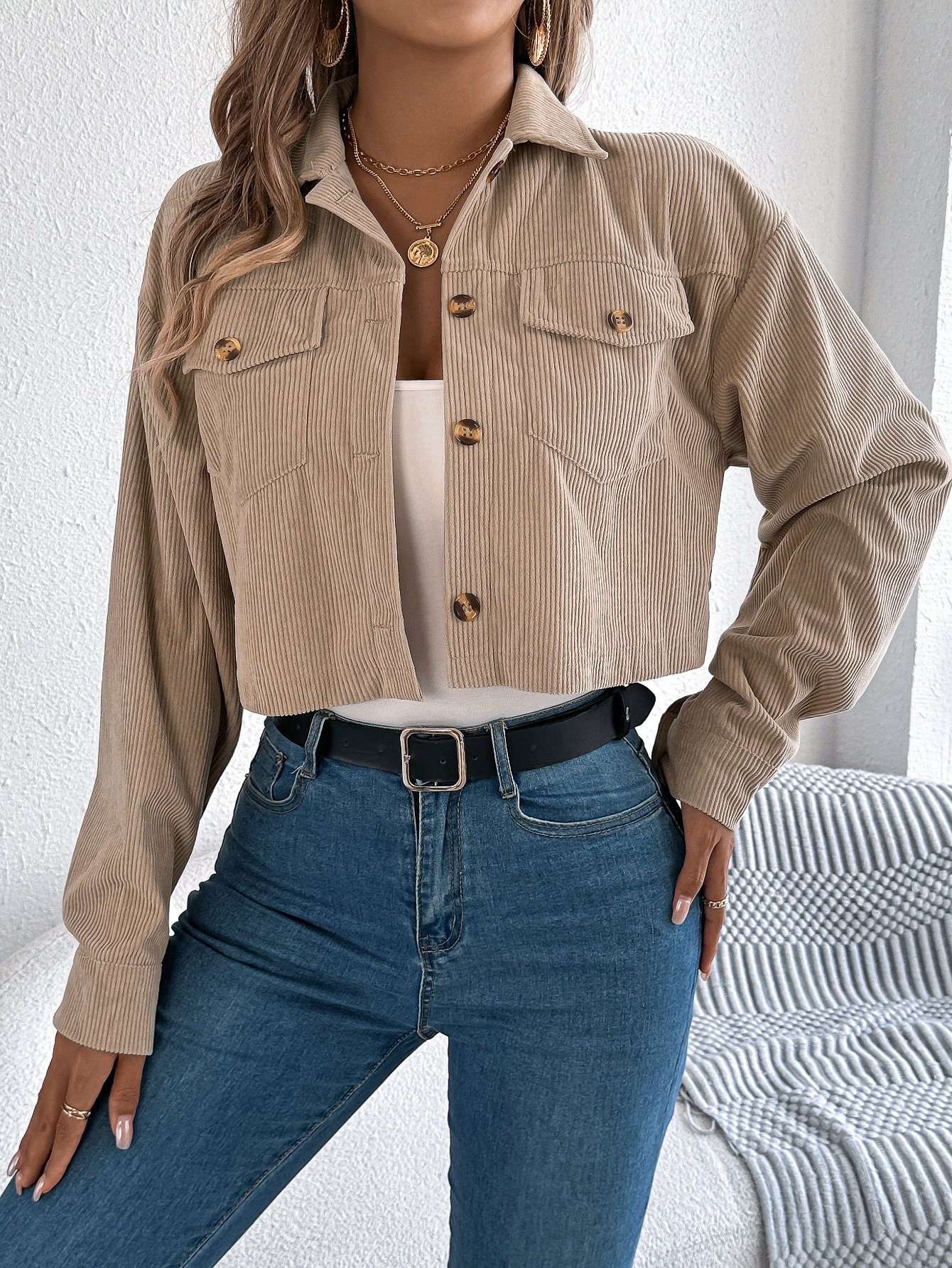 Beige Cropped Corduroy Jacket