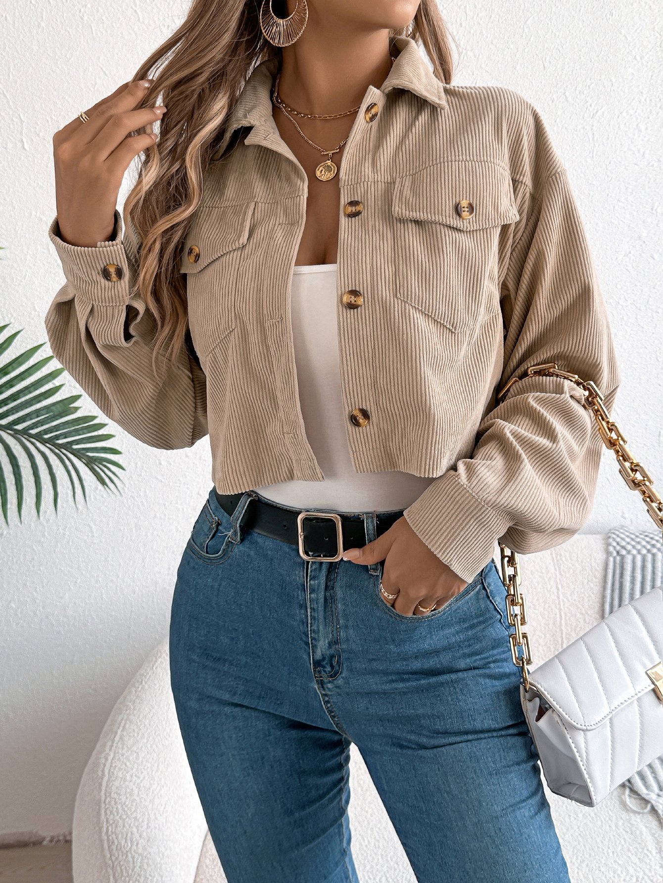 Beige Cropped Corduroy Jacket