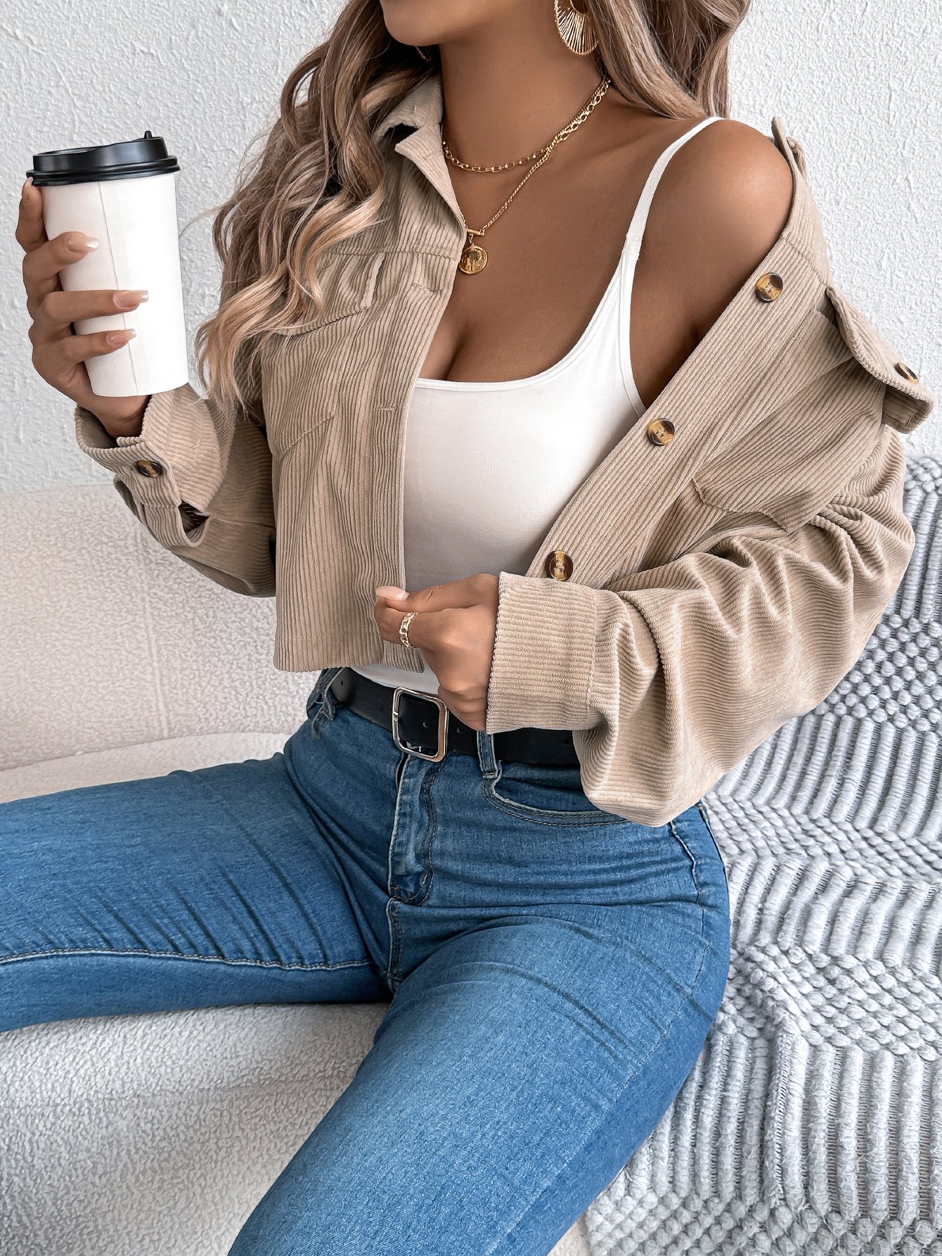 Beige Cropped Corduroy Jacket