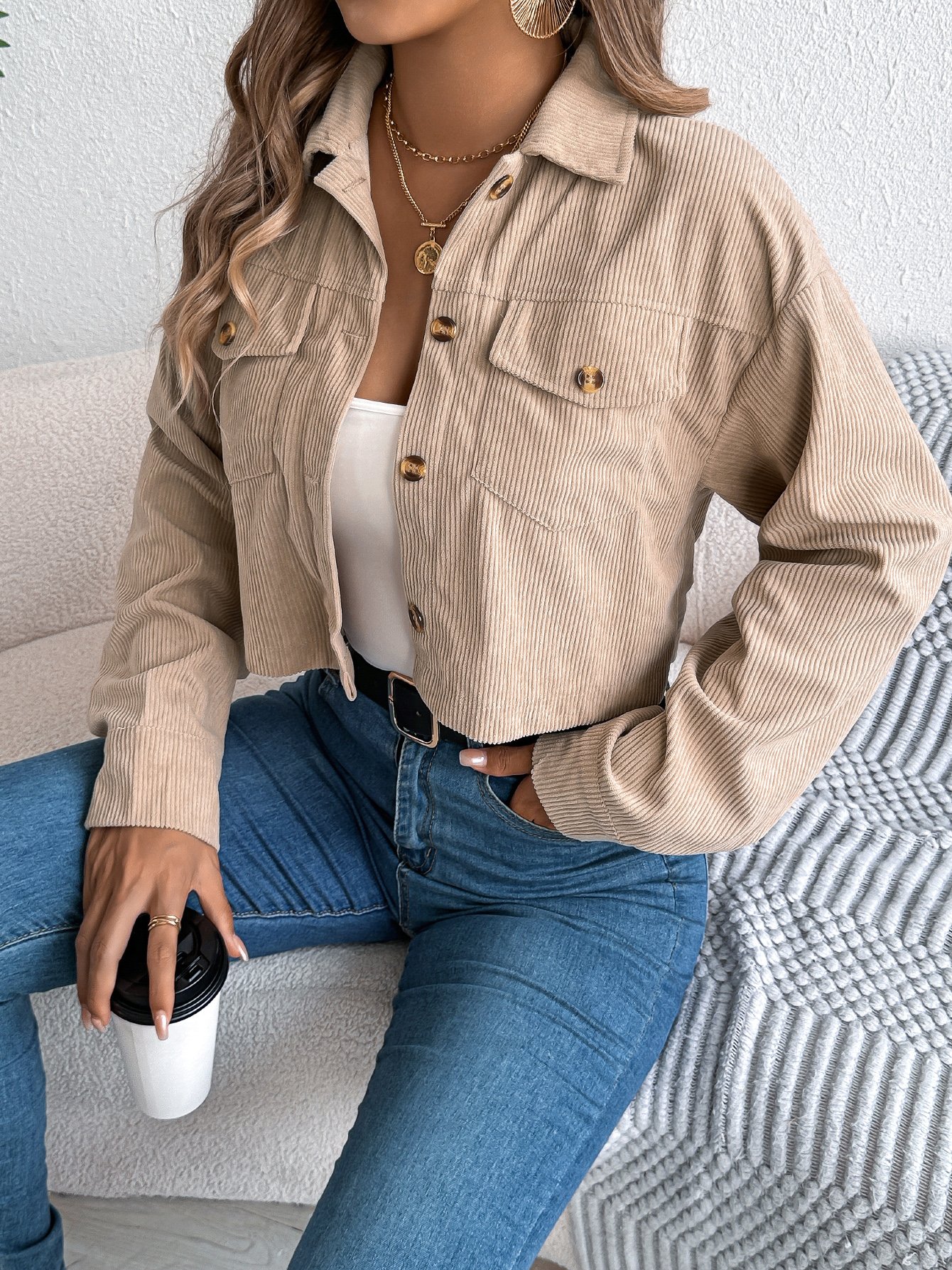 Beige Cropped Corduroy Jacket