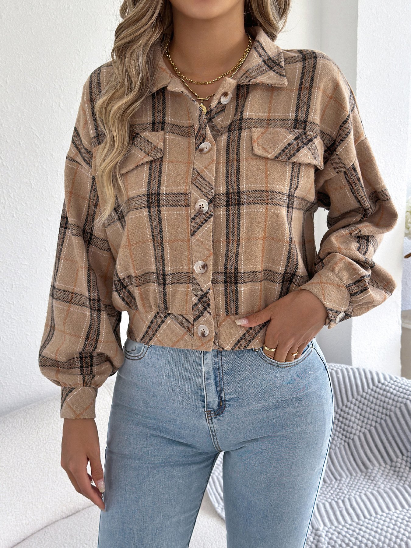 Beige Plaid Cropped Tweed Jacket