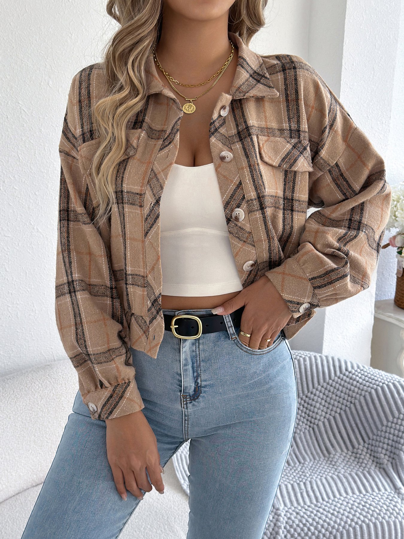 Beige Plaid Cropped Tweed Jacket