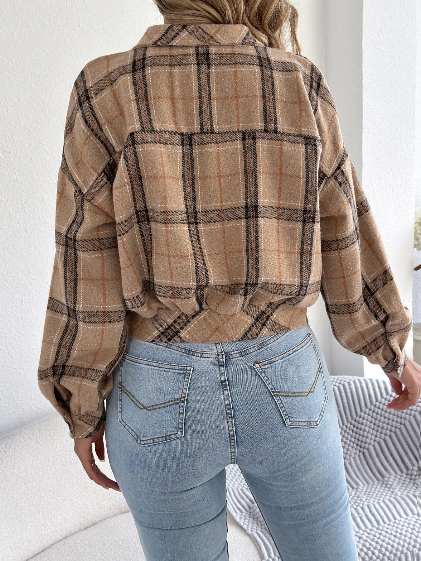 Beige Plaid Cropped Tweed Jacket
