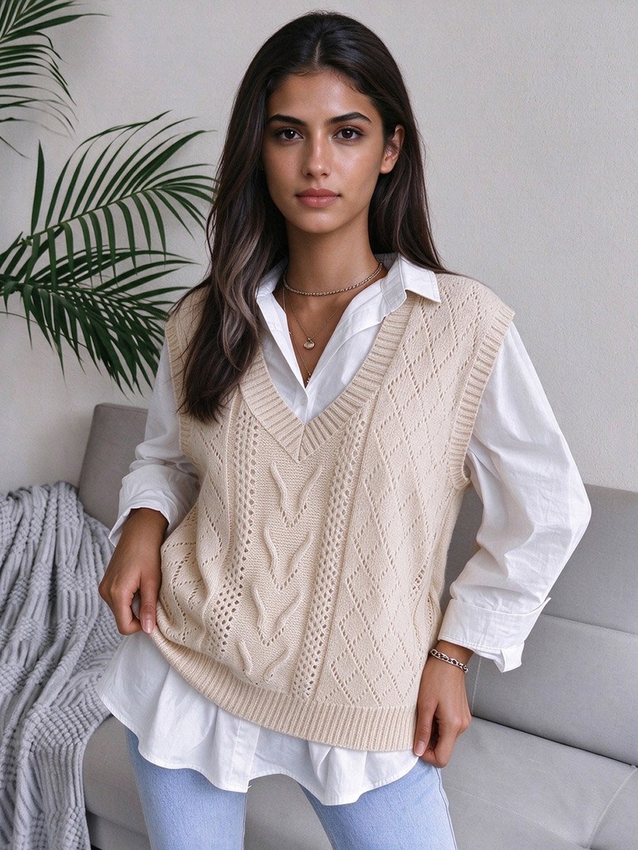 Beige V-Neck Knit Sweater Vest