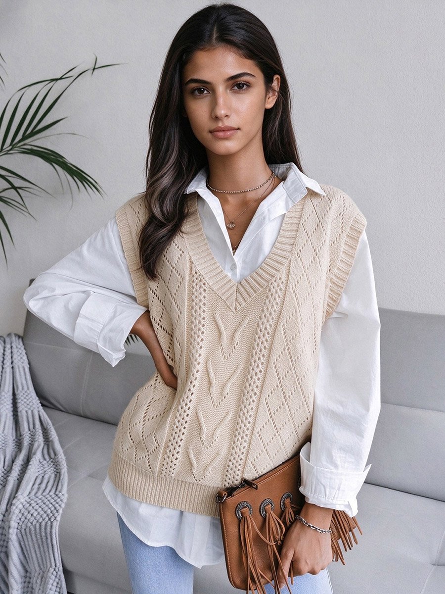 Beige V-Neck Knit Sweater Vest