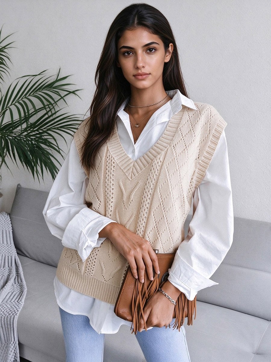 Beige V-Neck Knit Sweater Vest