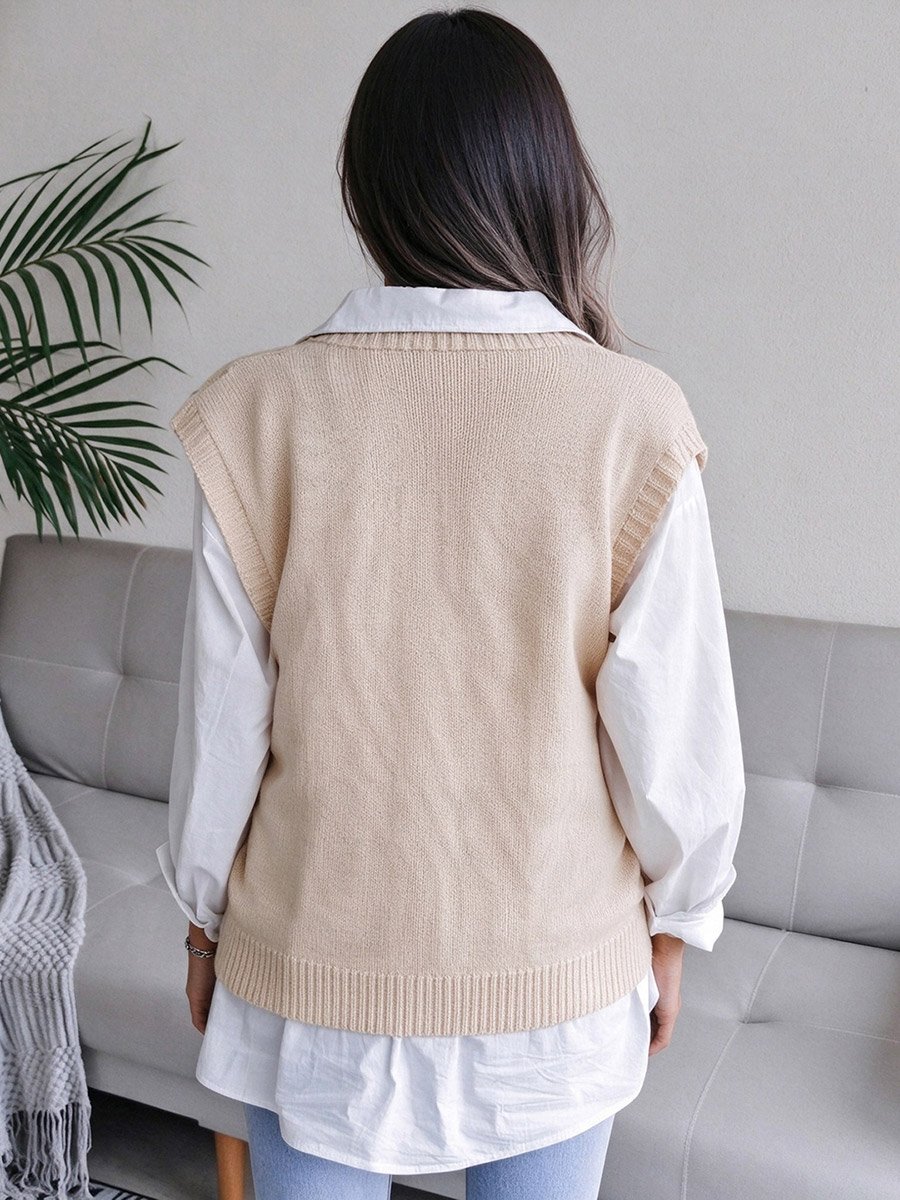 Beige V-Neck Knit Sweater Vest
