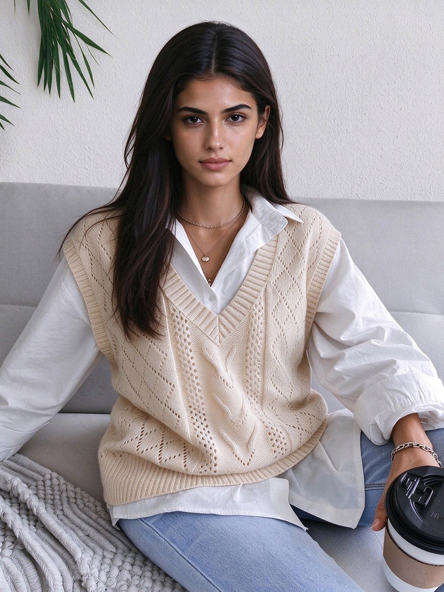 Beige V-Neck Knit Sweater Vest