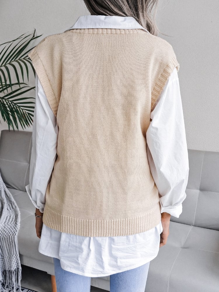 Beige V-Neck Knit Sweater Vest