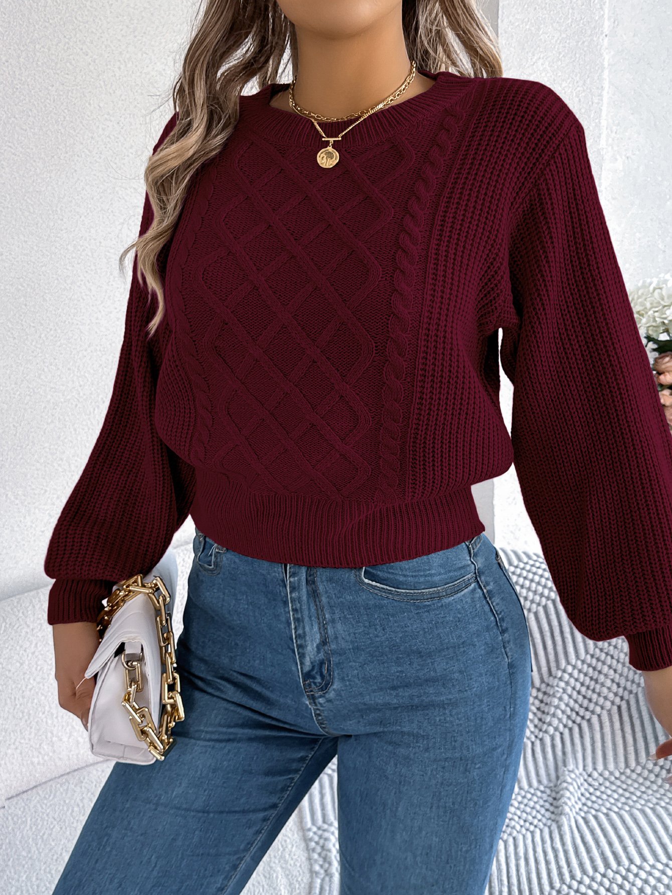 Burgundy Cable Knit Regular Fit Sweater