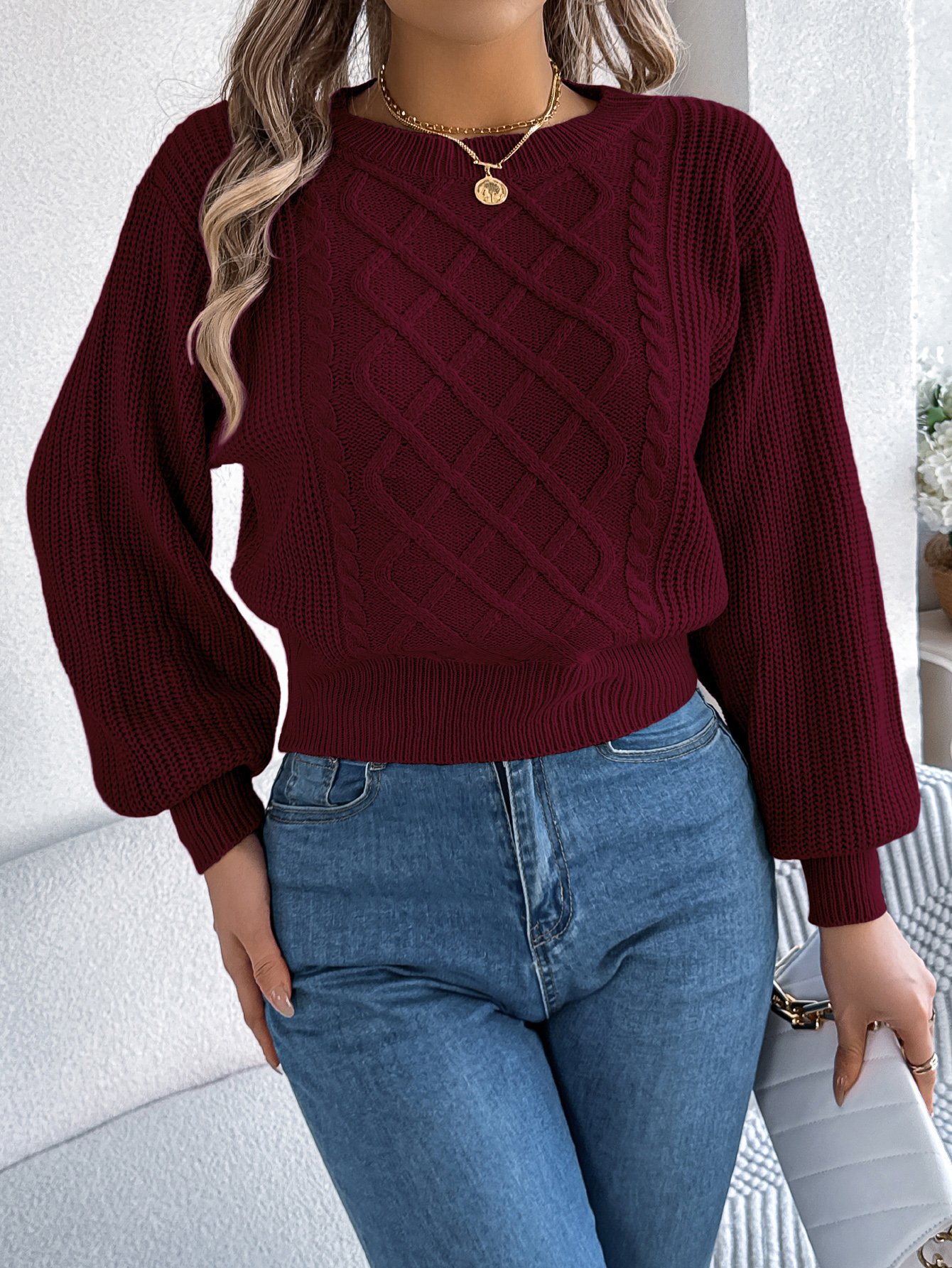 Burgundy Cable Knit Regular Fit Sweater