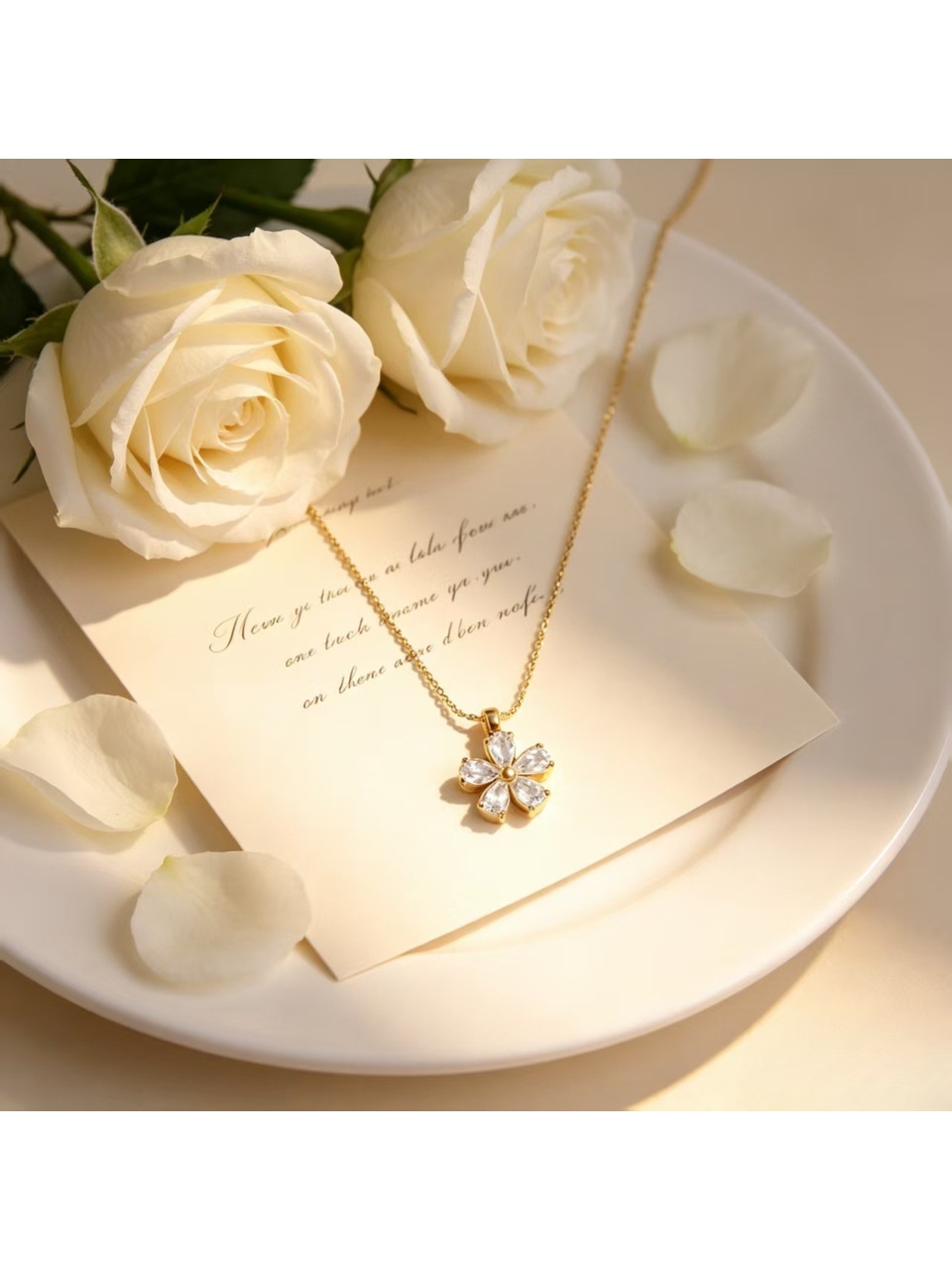 Gold Tone Sparkling Zircon Clover Pendant Necklace