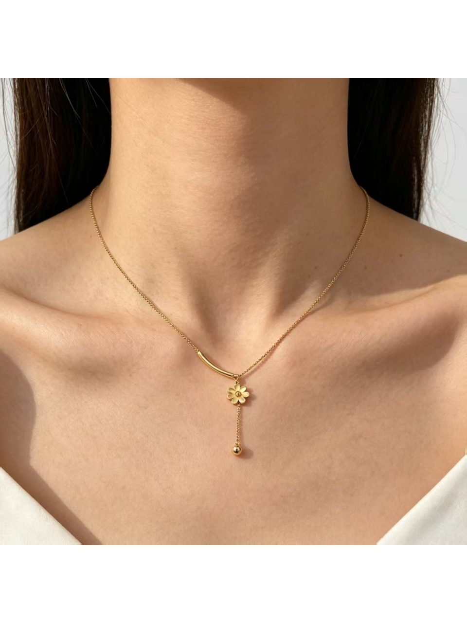 Gold Tone Daisy Pendant with Tassel Y-Necklace