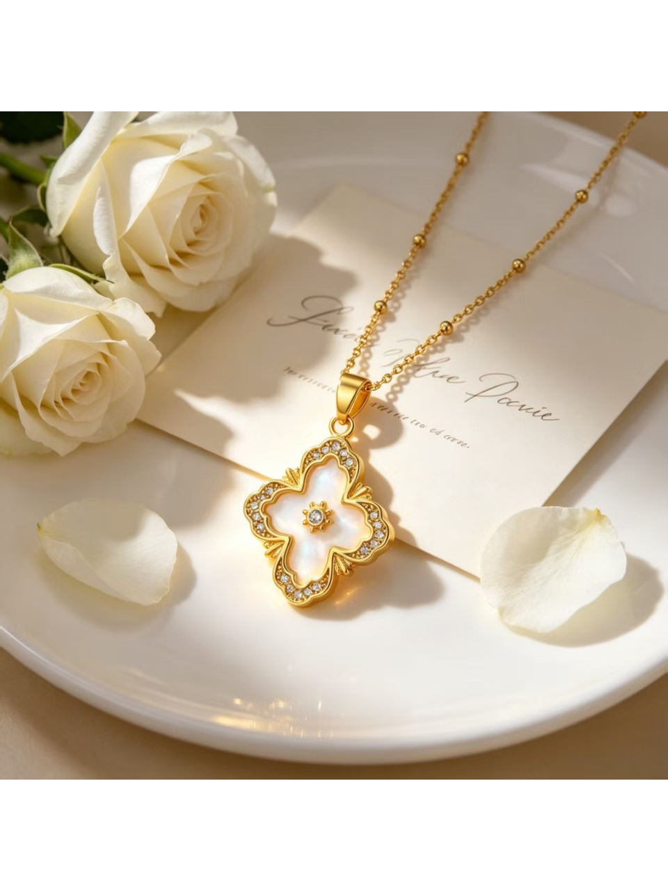 Gold Tone Chain with pearl Embellished Four Leaf Clover Pendant Necklace