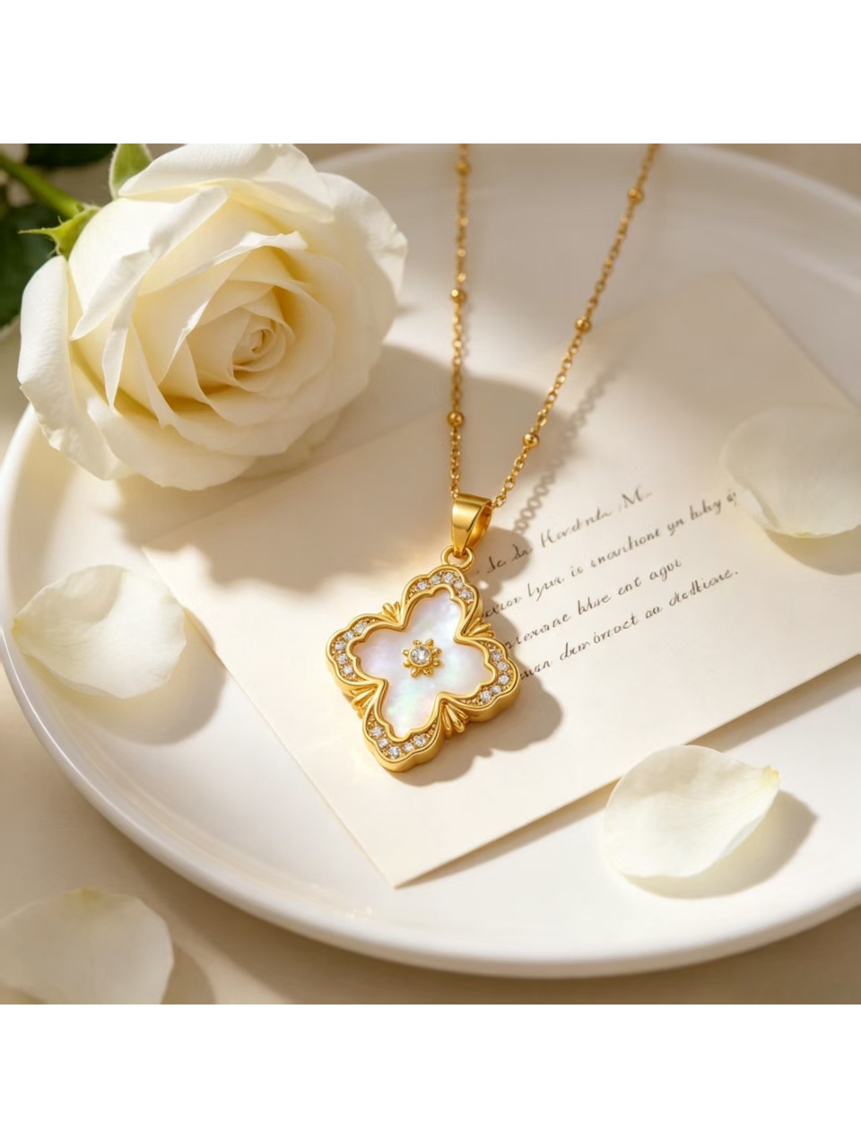 Gold Tone Chain with pearl Embellished Four Leaf Clover Pendant Necklace