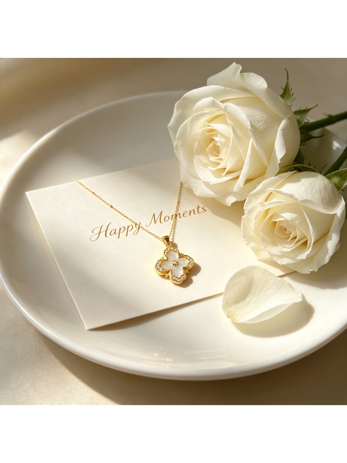 Gold Tone Chain with pearl Embellished Four Leaf Clover Pendant Necklace