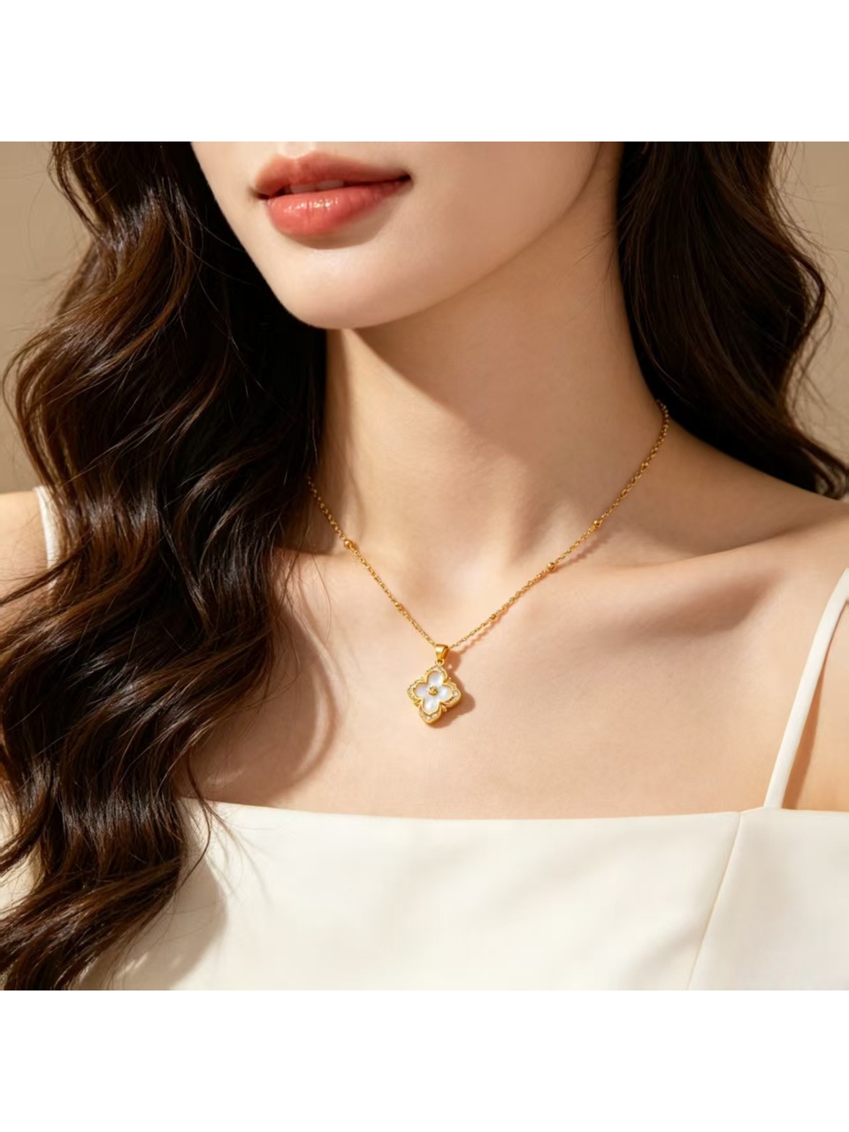 Gold Tone Chain with pearl Embellished Four Leaf Clover Pendant Necklace