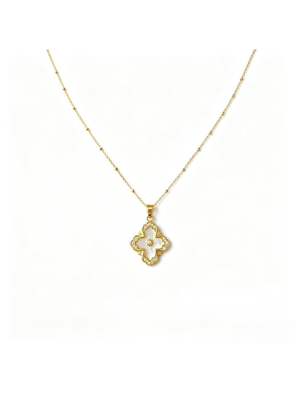 Gold Tone Chain with pearl Embellished Four Leaf Clover Pendant Necklace