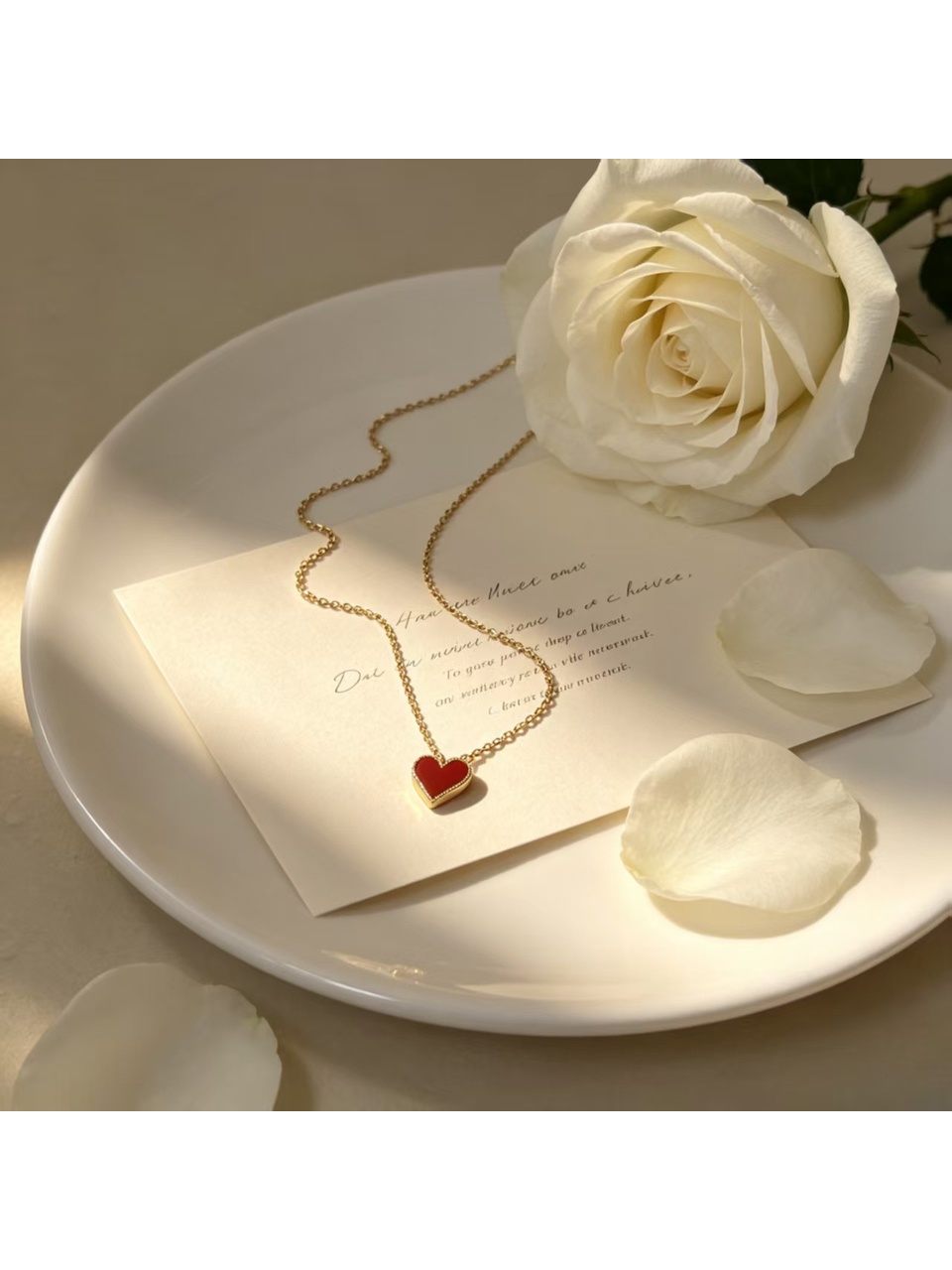 Gold Tone Chain with Wine Red Enamel Heart Pendant Necklace