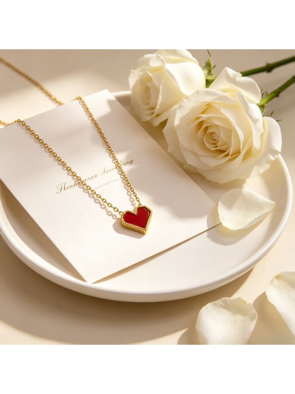 Gold Tone Chain with Wine Red Enamel Heart Pendant Necklace