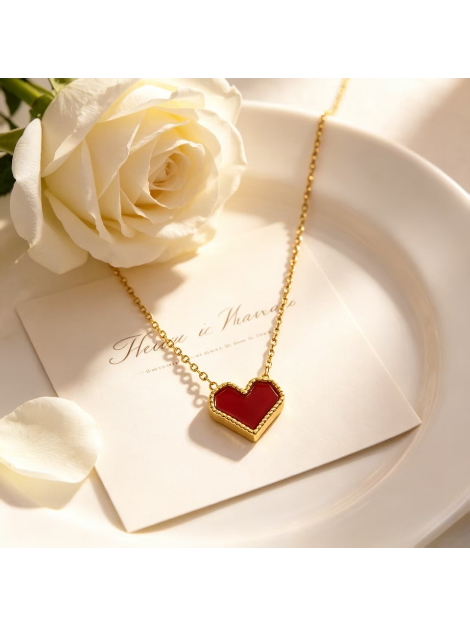 Gold Tone Chain with Wine Red Enamel Heart Pendant Necklace