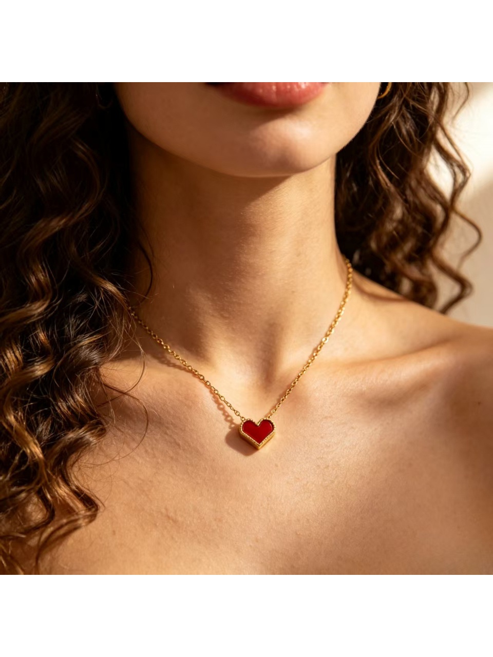 Gold Tone Chain with Wine Red Enamel Heart Pendant Necklace