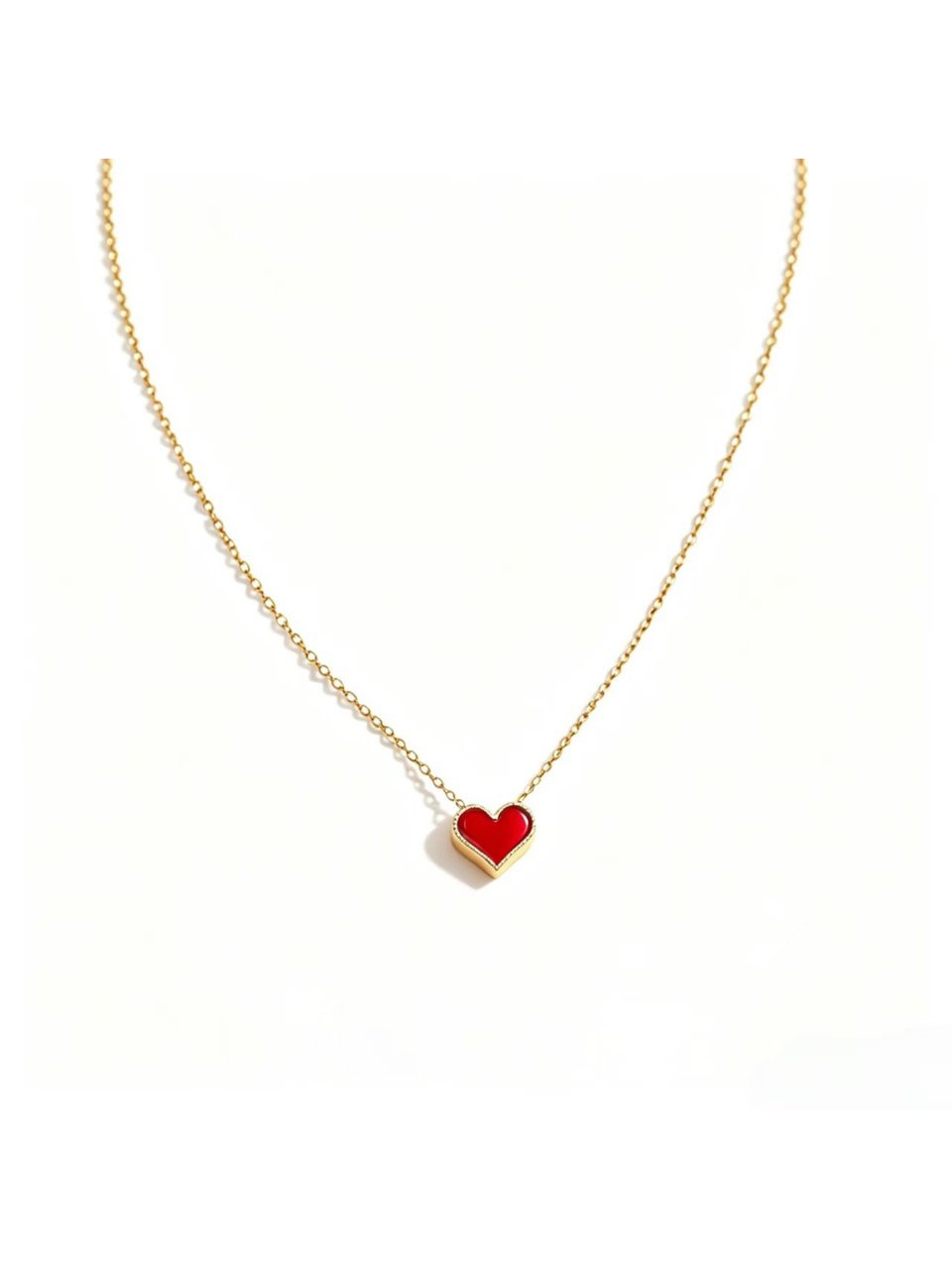 Gold Tone Chain with Wine Red Enamel Heart Pendant Necklace
