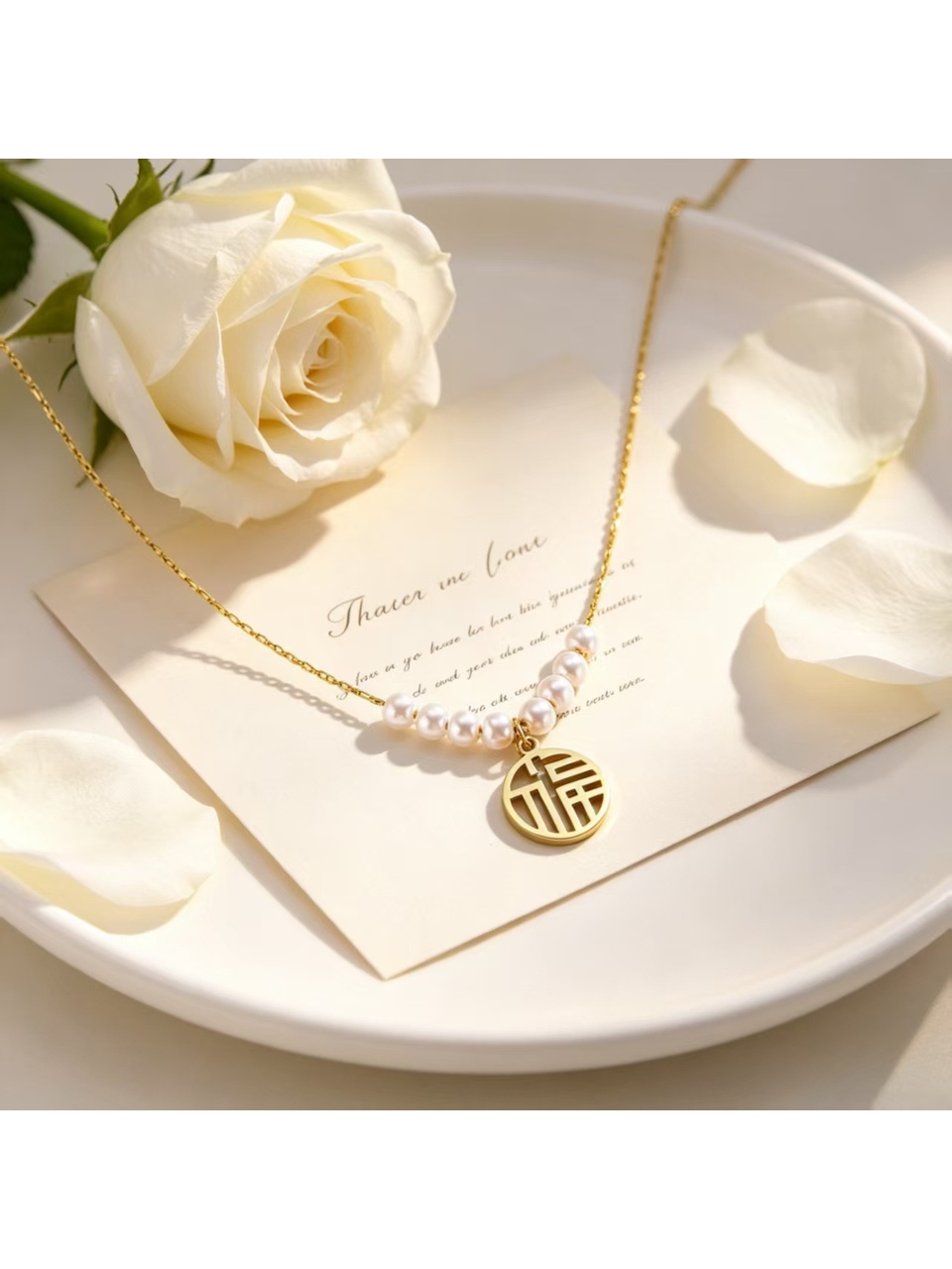 Gold Tone Fortune Pearl Pendant Necklace