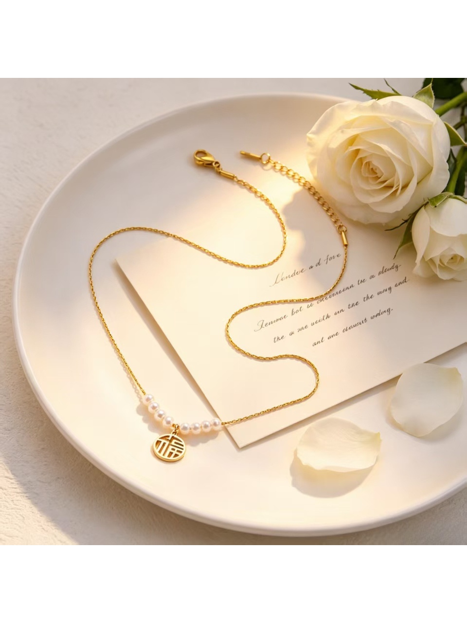 Gold Tone Fortune Pearl Pendant Necklace