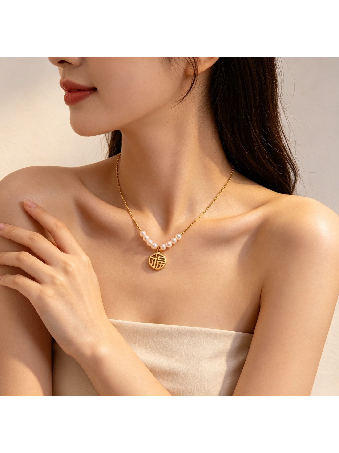 Gold Tone Fortune Pearl Pendant Necklace