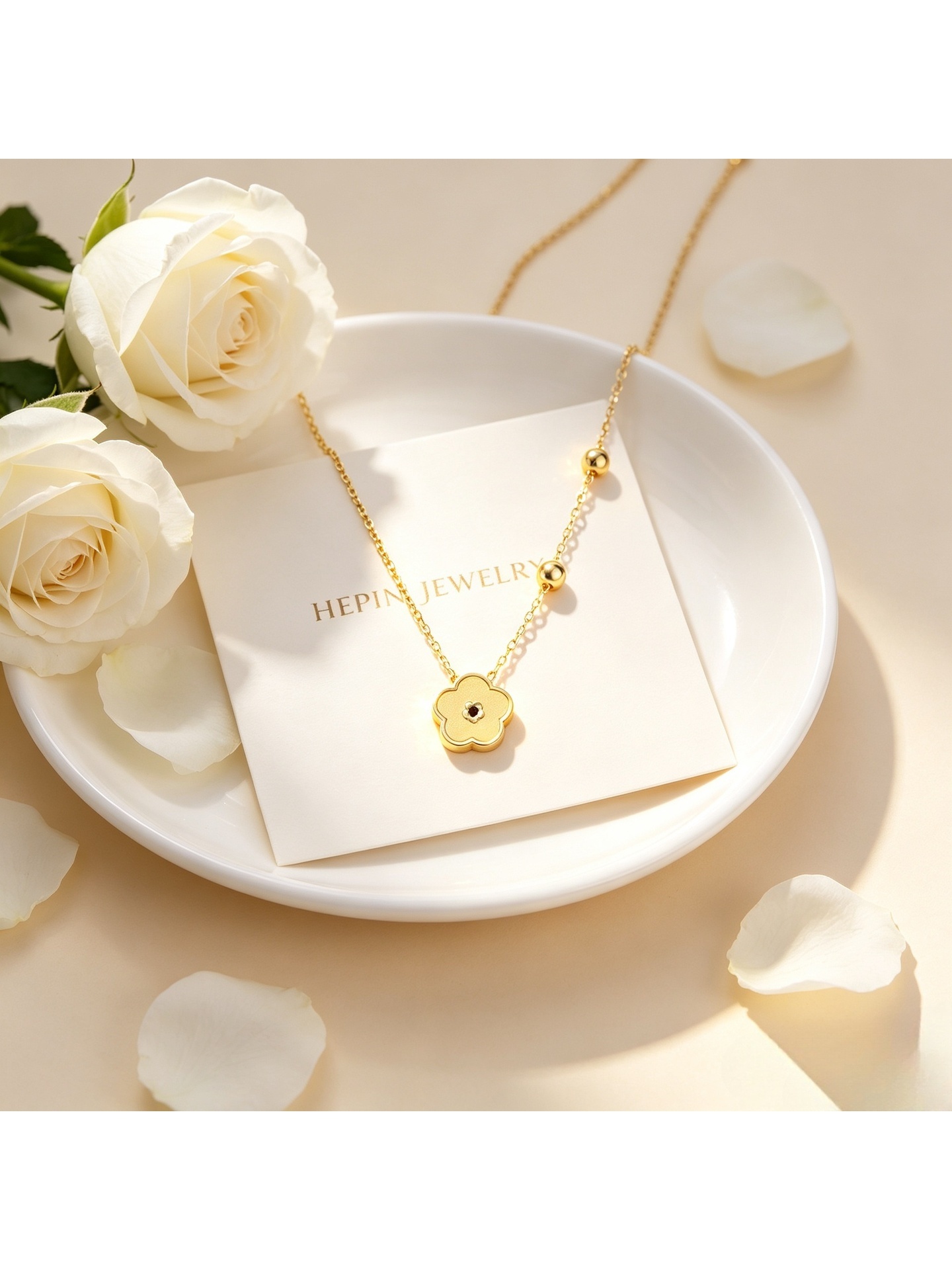 Gold Tone Beaded Chain with Mate Flower Pendant Necklace