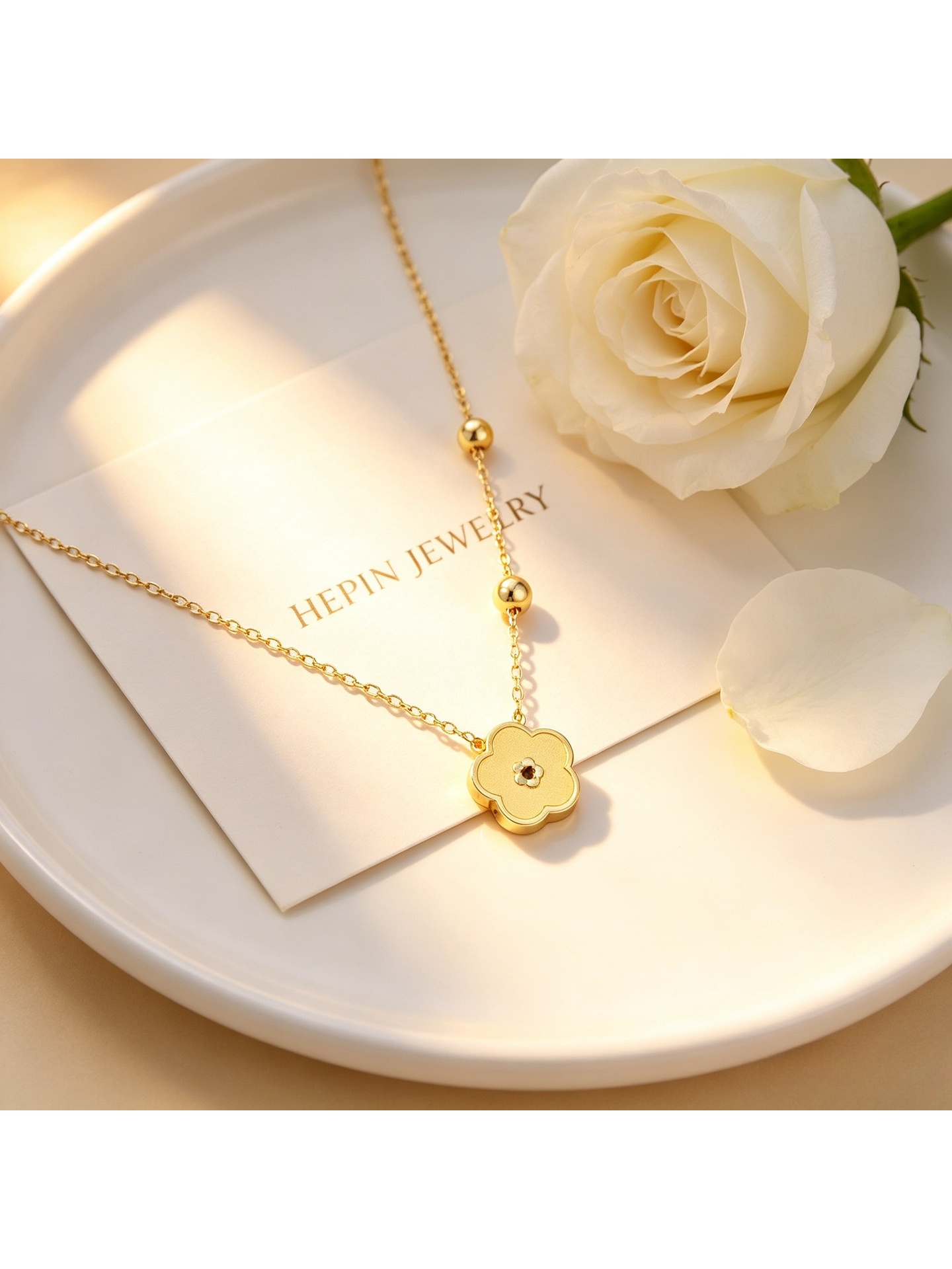Gold Tone Beaded Chain with Mate Flower Pendant Necklace