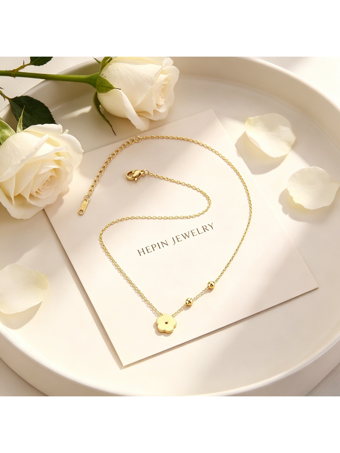 Gold Tone Beaded Chain with Mate Flower Pendant Necklace