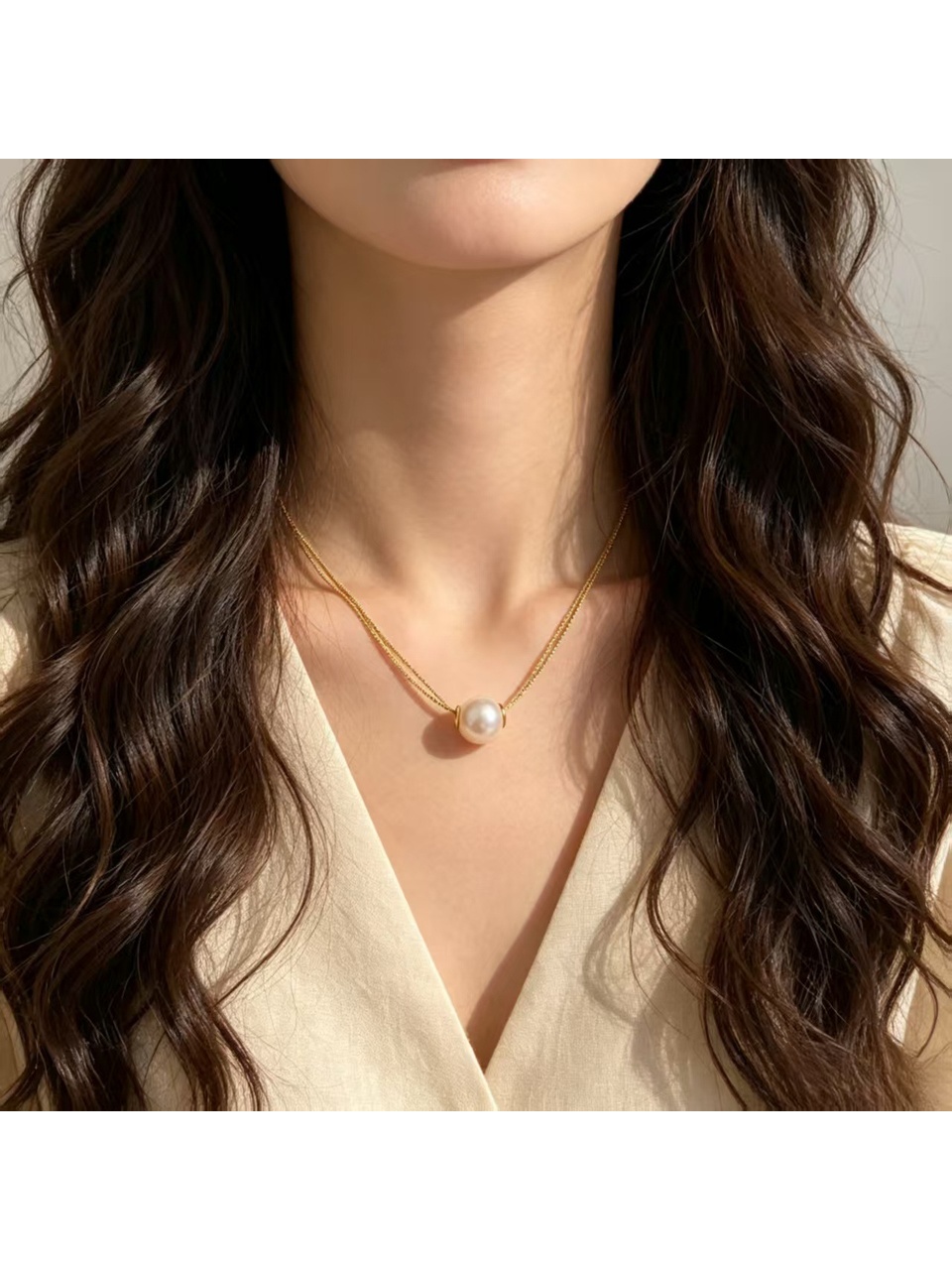 Gold Tone Chain Pearl Pendant Necklace