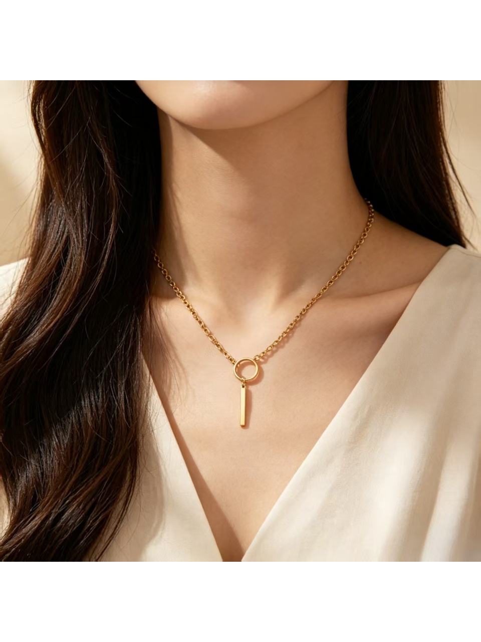 Gold Tone Geometric Circle Pendant Necklace with Bar Tassel