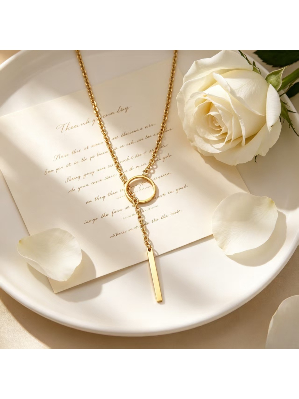 Gold Tone Geometric Circle Pendant Necklace with Bar Tassel