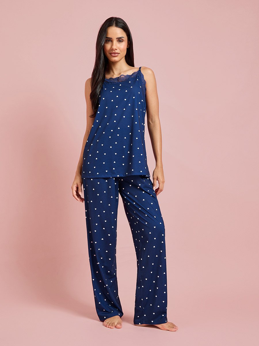 Blue All Over Heart Print Lace Detail Strappy Cami and Straight Pants Pyjama Set