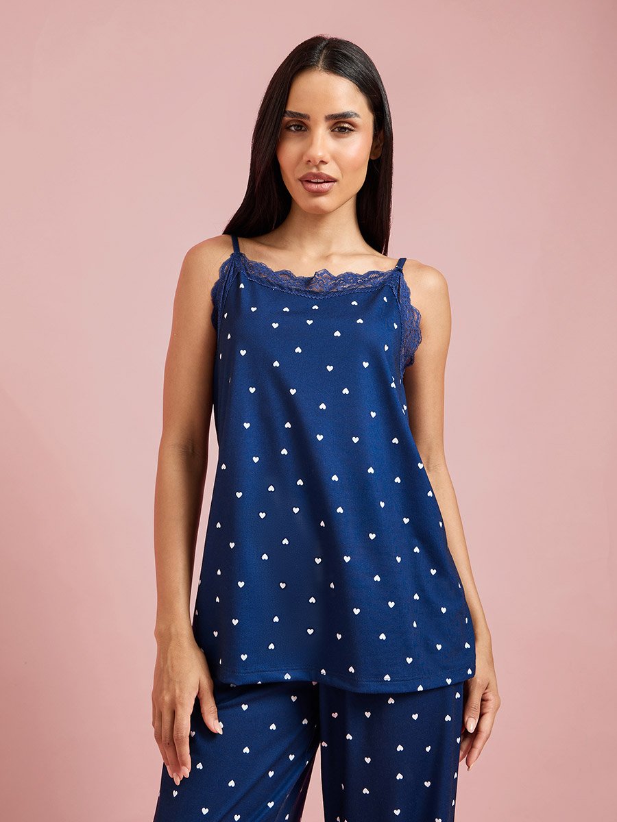 Blue All Over Heart Print Lace Detail Strappy Cami and Straight Pants Pyjama Set
