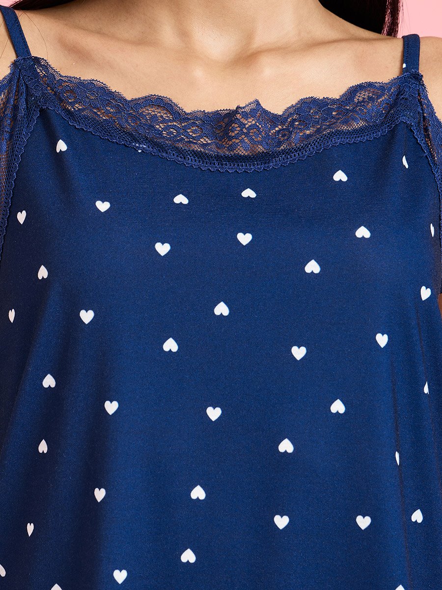 Blue All Over Heart Print Lace Detail Strappy Cami and Straight Pants Pyjama Set