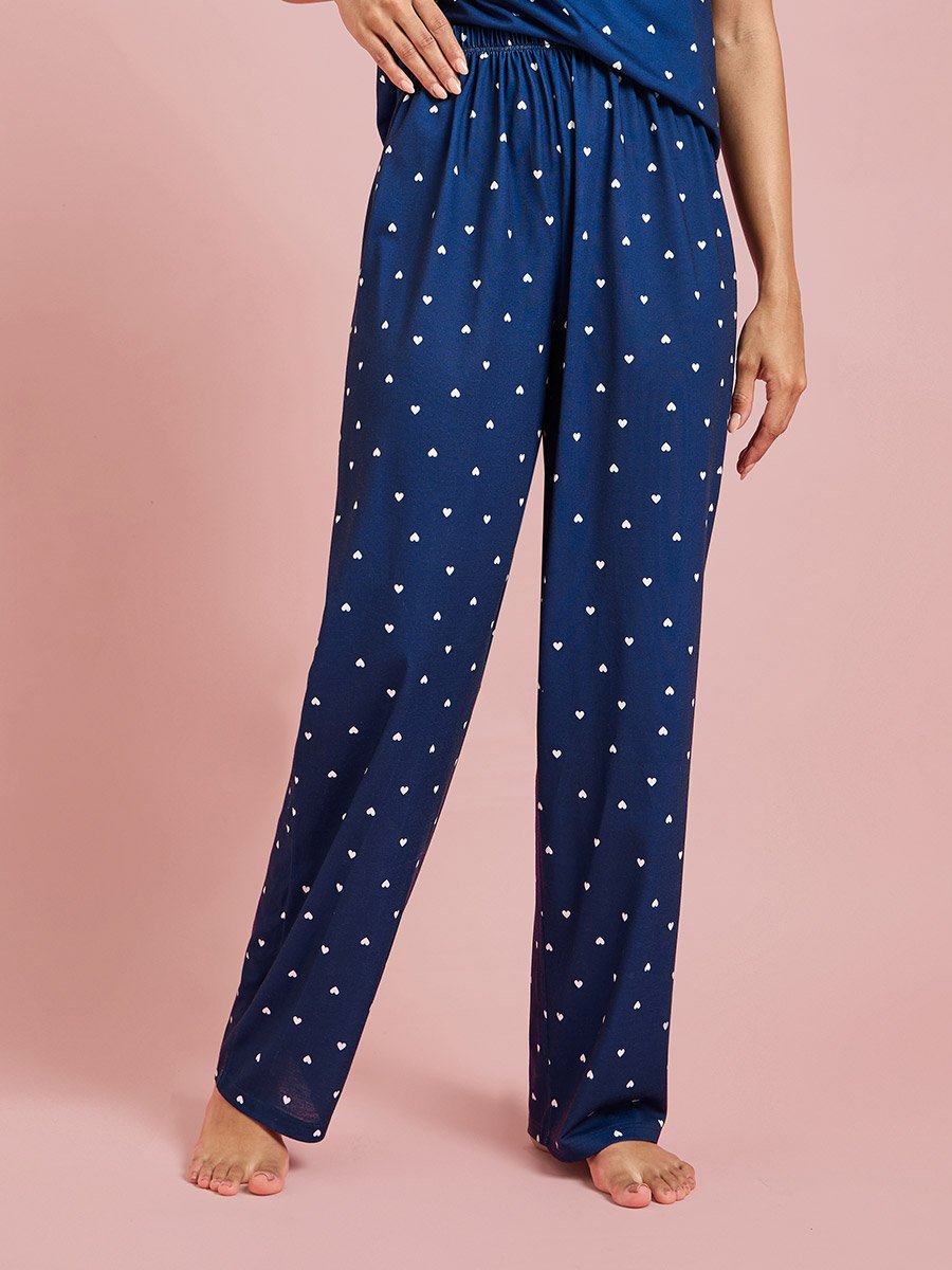 Blue All Over Heart Print Lace Detail Strappy Cami and Straight Pants Pyjama Set