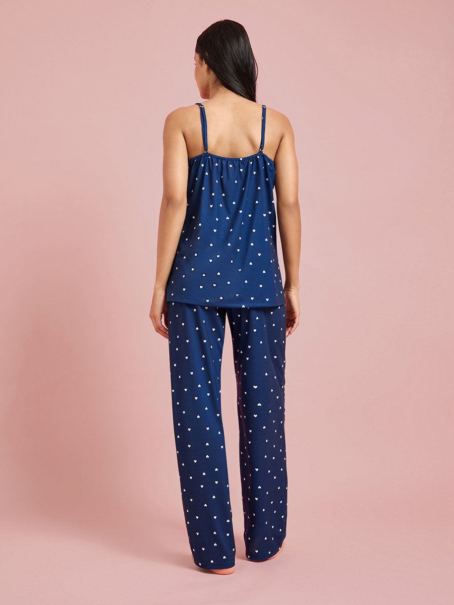 Blue All Over Heart Print Lace Detail Strappy Cami and Straight Pants Pyjama Set